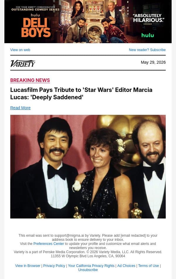 Lucasfilm Pays Tribute to 'Star Wars' Editor Marcia Lucas: 'Deeply Saddened' email from Variety screenshot