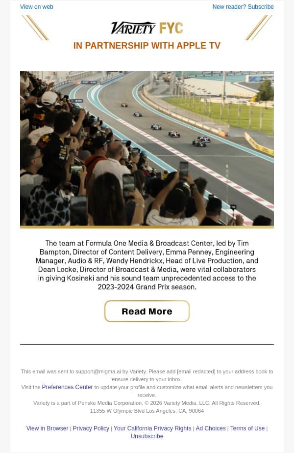 How ‘F1’s’ Sound Team Gave the Film Its Sense of Scale and Authenticity With Unprecedented Access to Formula 1 Tracks, Grand Prix Races, Camera Footage and Audio email from Variety screenshot