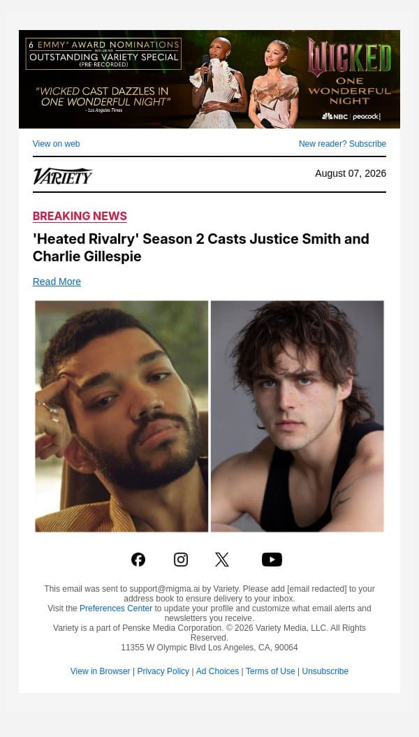 'Heated Rivalry' Season 2 Casts Justice Smith and Charlie Gillespie email from Variety screenshot