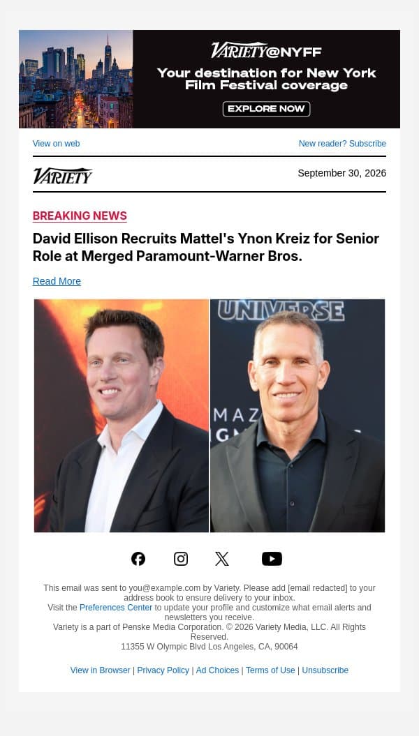 David Ellison Recruits Mattel's Ynon Kreiz for Senior Role at Merged Paramount-Warner Bros. email from Variety screenshot