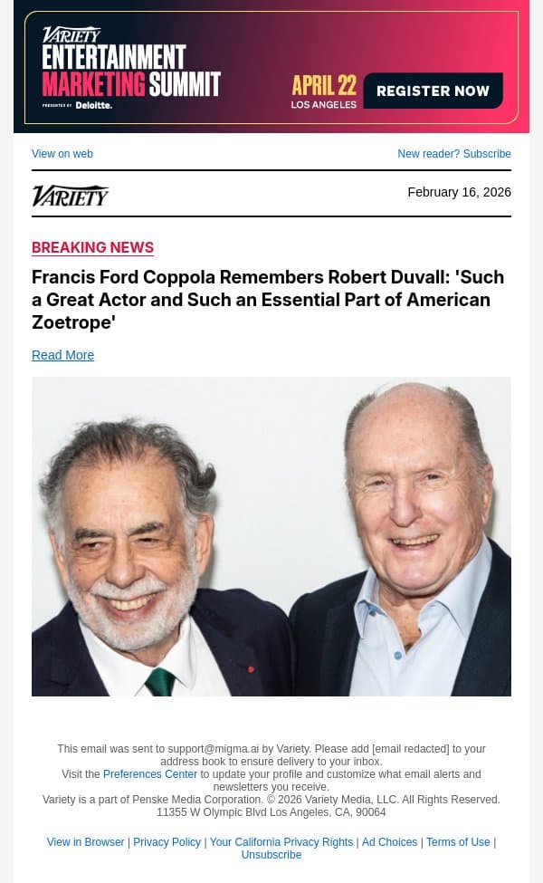 Francis Ford Coppola Remembers Robert Duvall: 'Such a Great Actor and Such an Essential Part of American Zoetrope' email from Variety screenshot