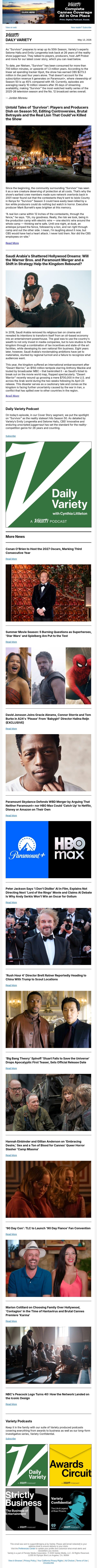 Untold Tales of 'Survivor'; Saudi Arabia's Shattered Hollywood Dreams; Conan O'Brien Back as Oscars Host email from Variety screenshot