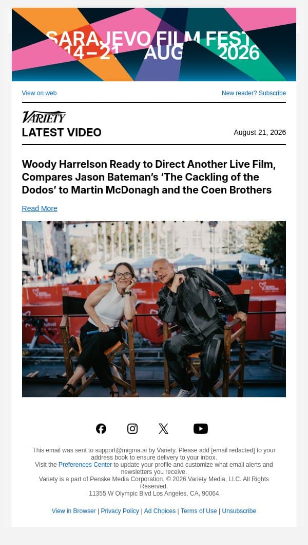 Woody Harrelson Ready to Direct Another Live Film, Compares Jason Bateman’s ‘The Cackling of the Dodos’ to Martin McDonagh and the Coen Brothers email from Variety screenshot