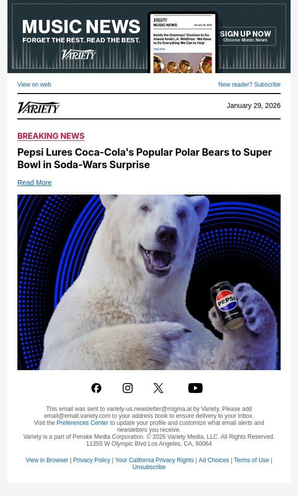Pepsi Lures Coca-Cola's Popular Polar Bears to Super Bowl in Soda-Wars Surprise email from Variety screenshot