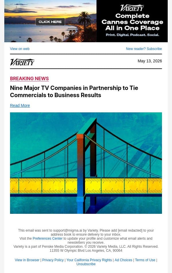 Nine Major TV Companies in Partnership to Tie Commercials to Business Results email from Variety screenshot