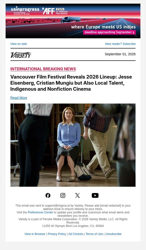 Vancouver Film Festival Reveals 2026 Lineup: Jesse Eisenberg, Cristian Mungiu but Also Local Talent, Indigenous and Nonfiction Cinema email from Variety screenshot