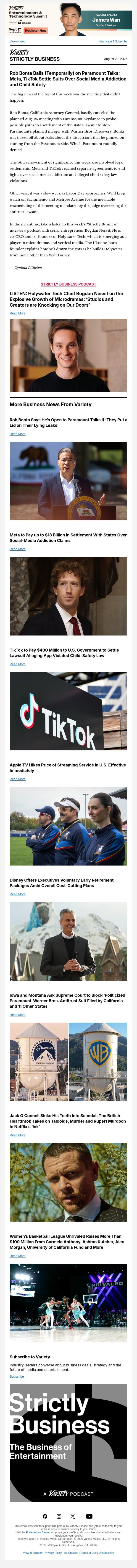 Strictly Business Newsletter & Podcast: Paramount Settlement Talks Stall (For Now); Meta, TikTok Pay Up to End Legal Fights; Apple TV Hikes Prices; Holywater Tech’s Bogdan Nesvit on the Microdrama Boom; and More email from Variety screenshot