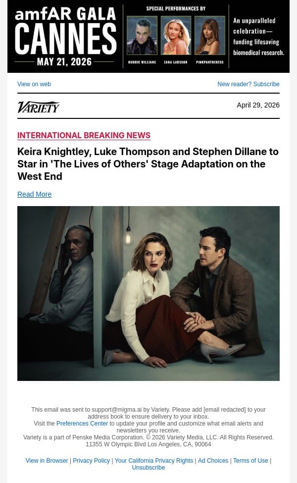 Keira Knightley, Luke Thompson and Stephen Dillane to Star in 'The Lives of Others' Stage Adaptation on the West End email from Variety screenshot