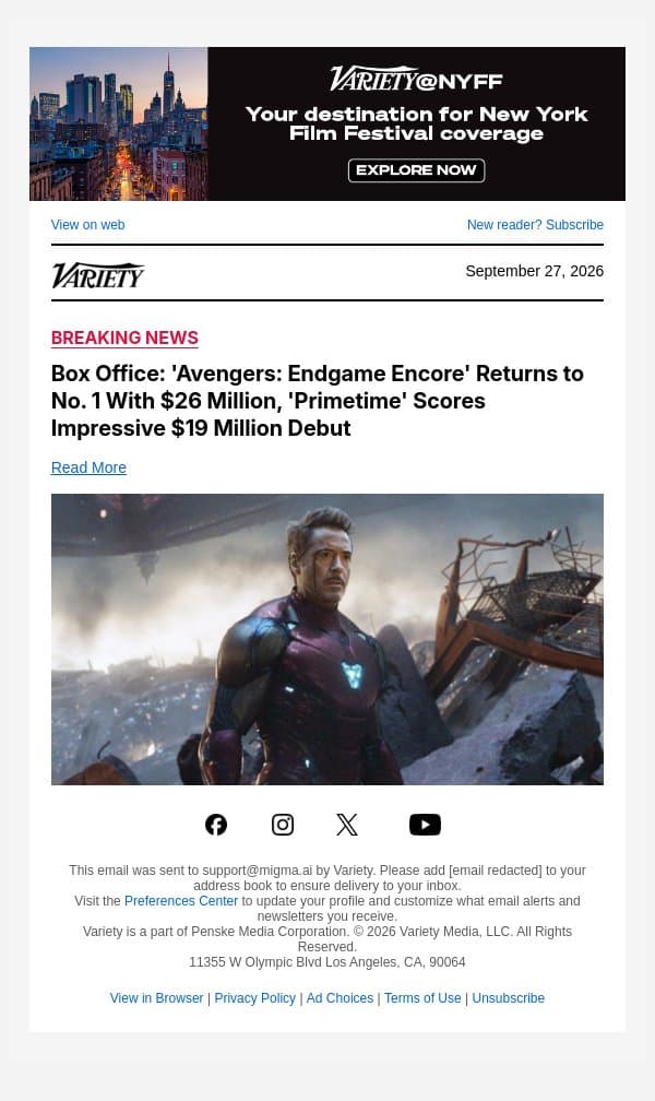 Box Office: 'Avengers: Endgame Encore' Returns to No. 1 With $26 Million, 'Primetime' Scores Impressive $19 Million Debut email from Variety screenshot