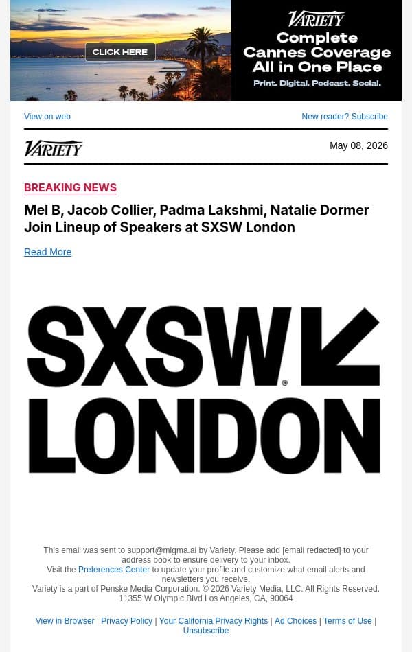 Mel B, Jacob Collier, Padma Lakshmi, Natalie Dormer Join Lineup of Speakers at SXSW London email from Variety screenshot
