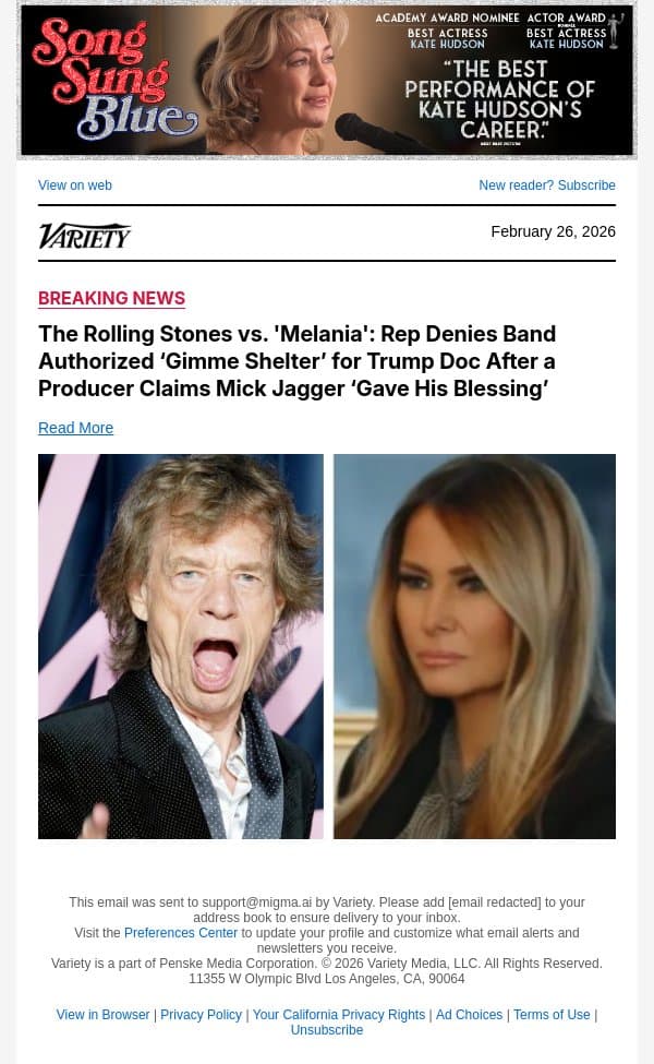 The Rolling Stones vs. 'Melania': Rep Denies Band Authorized ‘Gimme Shelter’ for Trump Doc After a Producer Claims Mick Jagger ‘Gave His Blessing’ email from Variety screenshot