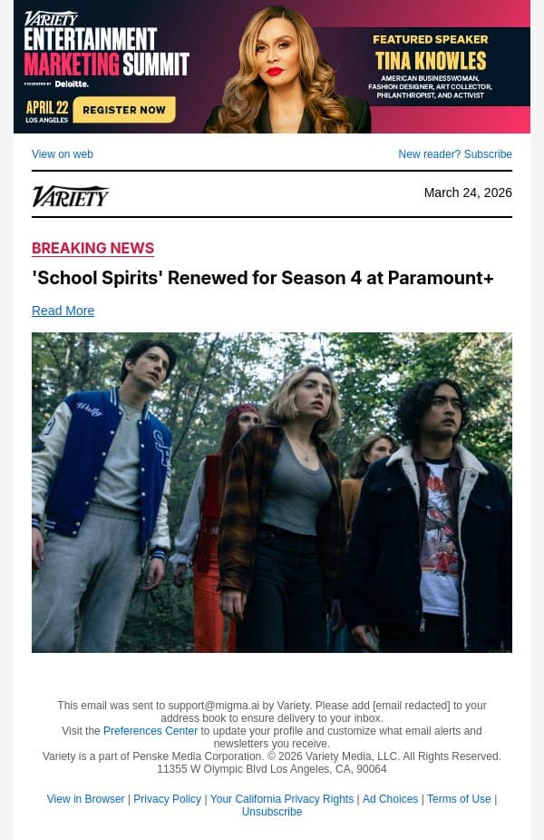 'School Spirits' Renewed for Season 4 at Paramount+ email from Variety screenshot