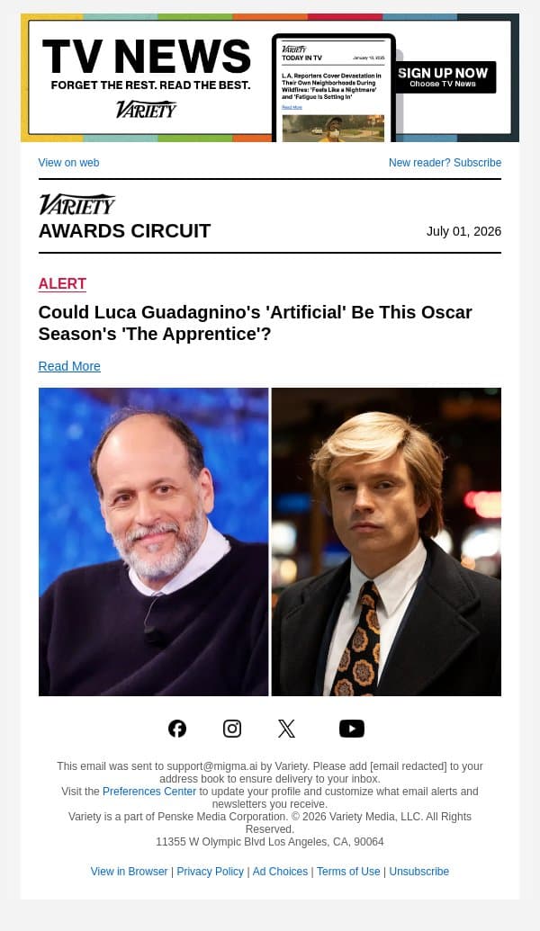 Could Luca Guadagnino's 'Artificial' Be This Oscar Season's 'The Apprentice'? email from Variety screenshot