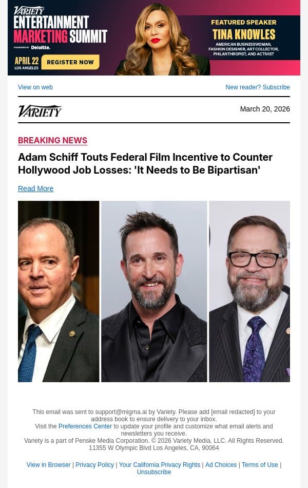 Adam Schiff Touts Federal Film Incentive to Counter Hollywood Job Losses: 'It Needs to Be Bipartisan' email from Variety screenshot