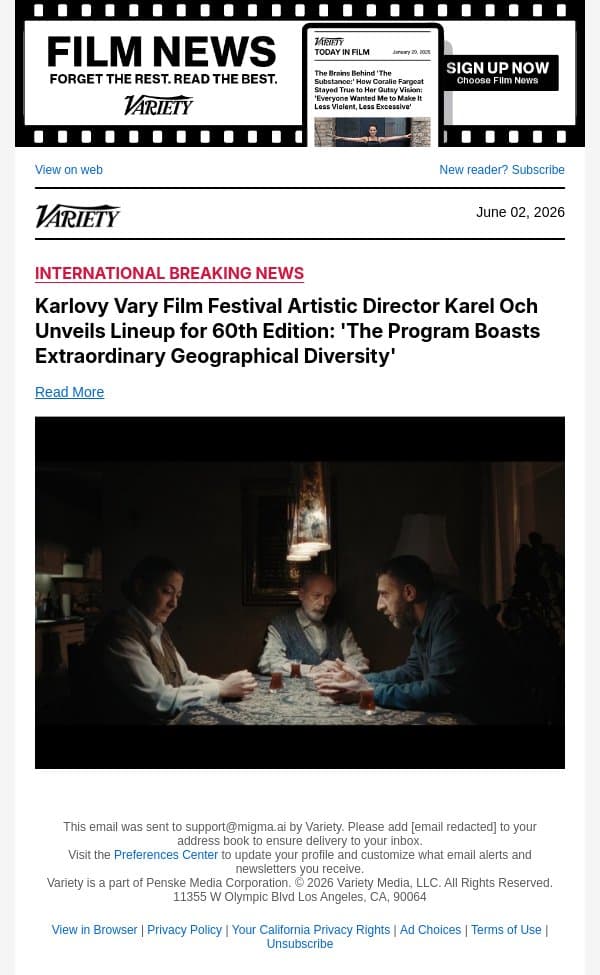 Karlovy Vary Film Festival Artistic Director Karel Och Unveils Lineup for 60th Edition: 'The Program Boasts Extraordinary Geographical Diversity' email from Variety screenshot