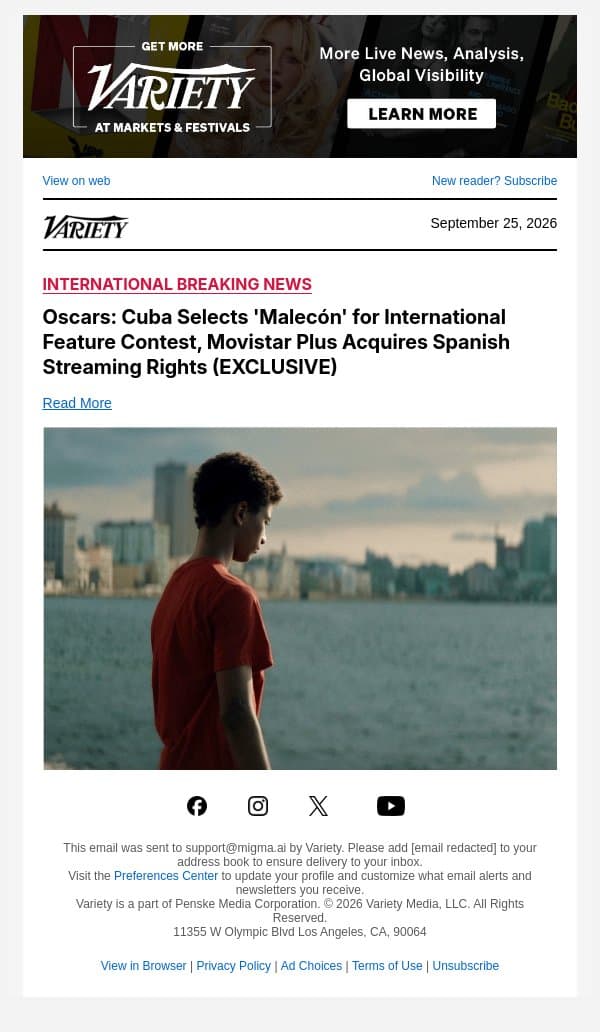 Oscars: Cuba Selects 'Malecón' for International Feature Contest, Movistar Plus Acquires Spanish Streaming Rights (EXCLUSIVE) email from Variety screenshot