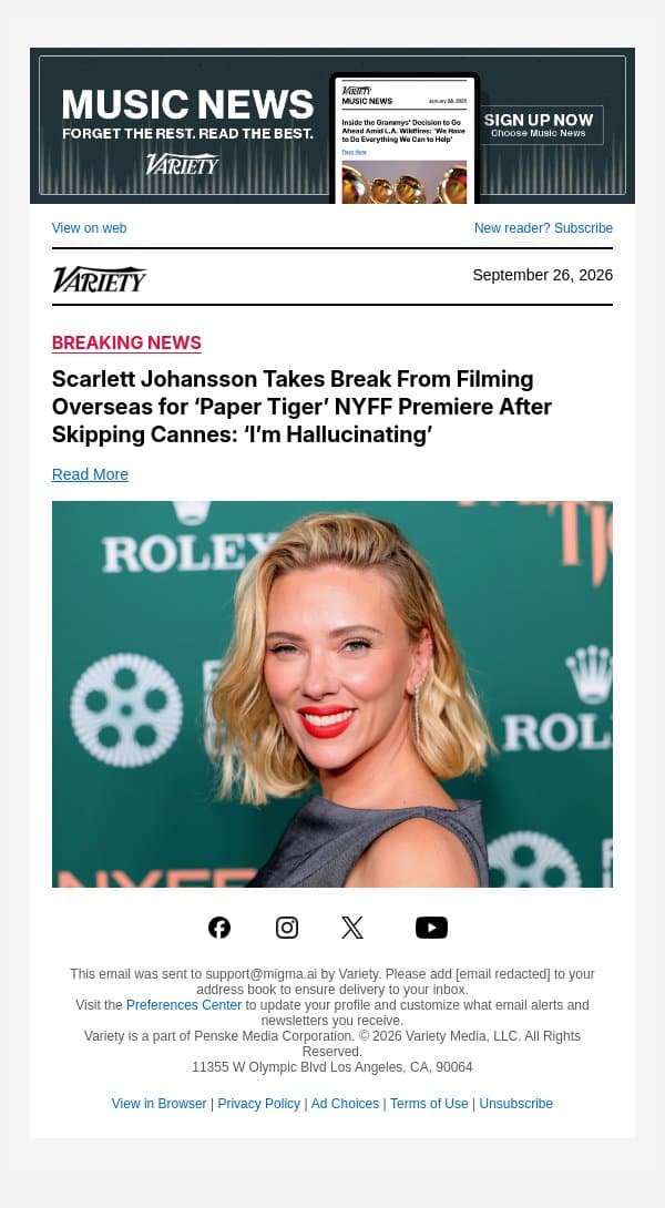 Scarlett Johansson Takes Break From Filming Overseas for ‘Paper Tiger’ NYFF Premiere After Skipping Cannes: ‘I’m Hallucinating’ email from Variety screenshot