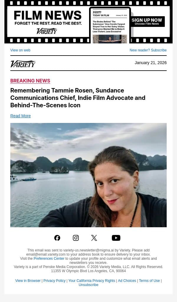 Remembering Tammie Rosen, Sundance Communications Chief, Indie Film Advocate and Behind-The-Scenes Icon email from Variety screenshot
