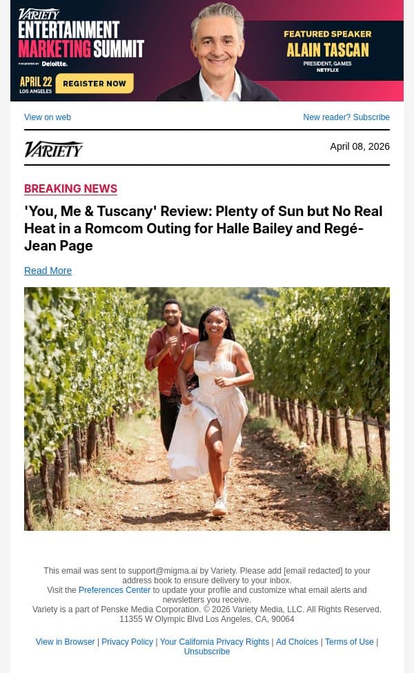 'You, Me and Tuscany' Review: Plenty of Sun but No Real Heat in a Romcom Outing for Halle Bailey and Regé-Jean Page email from Variety screenshot