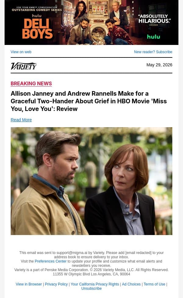 Allison Janney and Andrew Rannells Make for a Graceful Two-Hander About Grief in HBO Movie 'Miss You, Love You': Review email from Variety screenshot