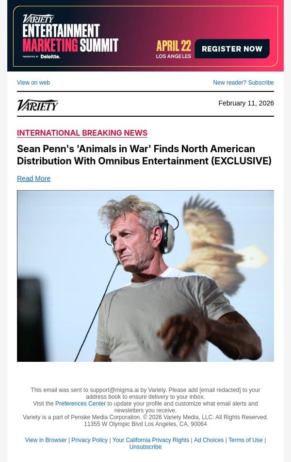 Sean Penn's 'Animals in War' Finds North American Distribution With Omnibus Entertainment (EXCLUSIVE) email from Variety screenshot