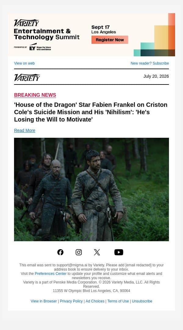 'House of the Dragon' Star Fabien Frankel on Criston Cole's Suicide Mission and His 'Nihilism': 'He's Losing the Will to Motivate' email from Variety screenshot