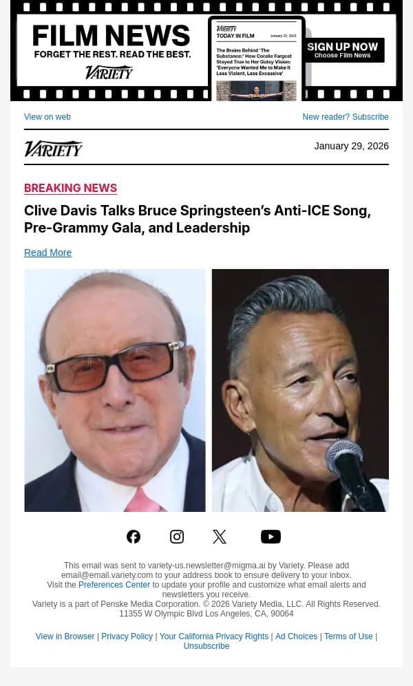 Clive Davis Talks Bruce Springsteen’s Anti-ICE Song, Pre-Grammy Gala, and Leadership email from Variety screenshot