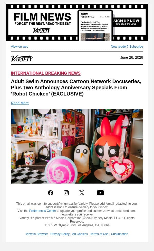 Adult Swim Announces Cartoon Network Docuseries, Plus Two Anthology Anniversary Specials From ‘Robot Chicken’ (EXCLUSIVE) email from Variety screenshot