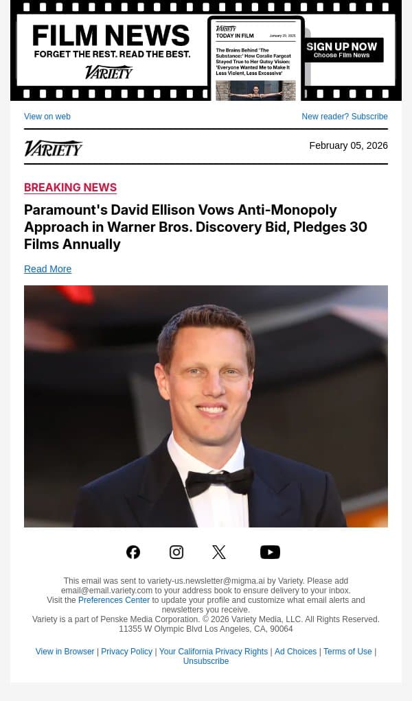 Paramount's David Ellison Vows Anti-Monopoly Approach in Warner Bros. Discovery Bid, Pledges 30 Films Annually email from Variety screenshot