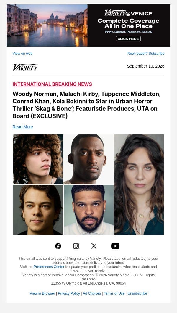 Woody Norman, Malachi Kirby, Tuppence Middleton, Conrad Khan, Kola Bokinni to Star in Urban Horror Thriller ‘Skag & Bone’; Featuristic Produces, UTA on Board (EXCLUSIVE) email from Variety screenshot