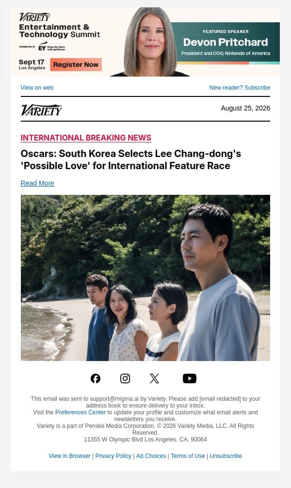 Oscars: South Korea Selects Lee Chang-dong's 'Possible Love' for International Feature Race email from Variety screenshot