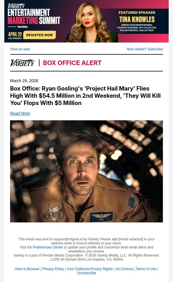 Box Office: Ryan Gosling's 'Project Hail Mary' Flies High With $54.5 Million in 2nd Weekend, 'They Will Kill You' Flops With $5 Million email from Variety screenshot