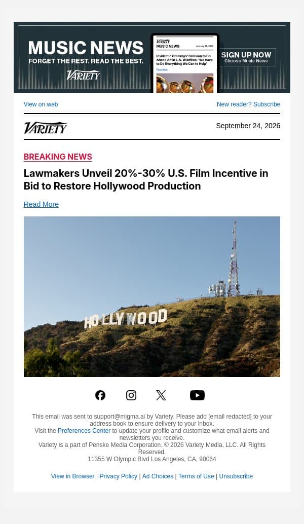 Lawmakers Unveil 20%-30% U.S. Film Incentive in Bid to Restore Hollywood Production email from Variety screenshot