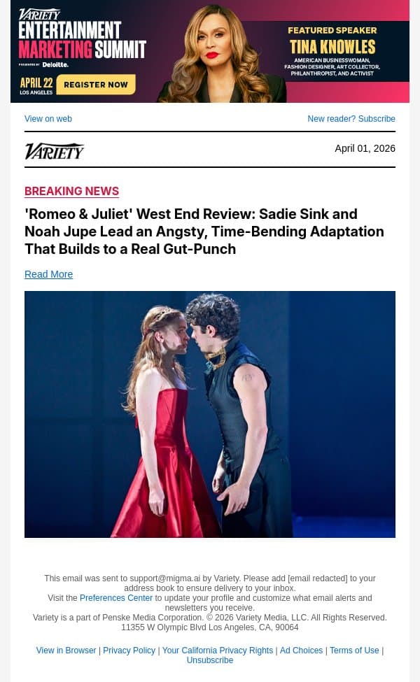 'Romeo and Juliet' West End Review: Sadie Sink and Noah Jupe Lead an Angsty, Time-Bending Adaptation That Builds to a Real Gut-Punch email from Variety screenshot