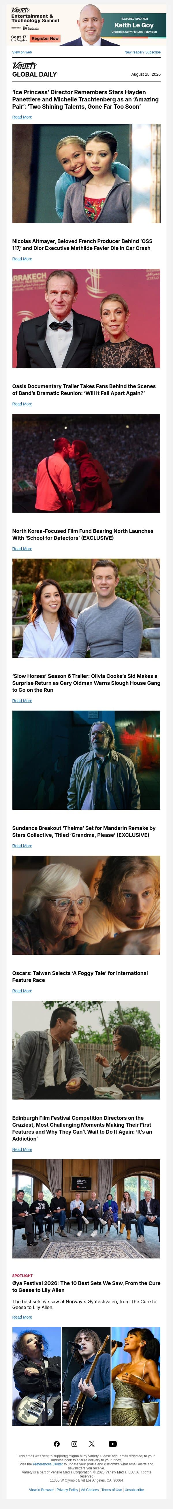 'Ice Princess' Director on Hayden Panettiere; Nicolas Altmayer and Mathilde Favier Die; Oasis Doc Trailer email from Variety screenshot