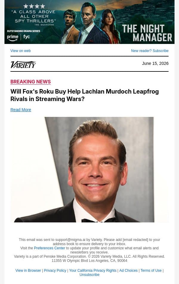 Will Fox's Roku Buy Help Lachlan Murdoch Leapfrog Rivals in Streaming Wars? email from Variety screenshot