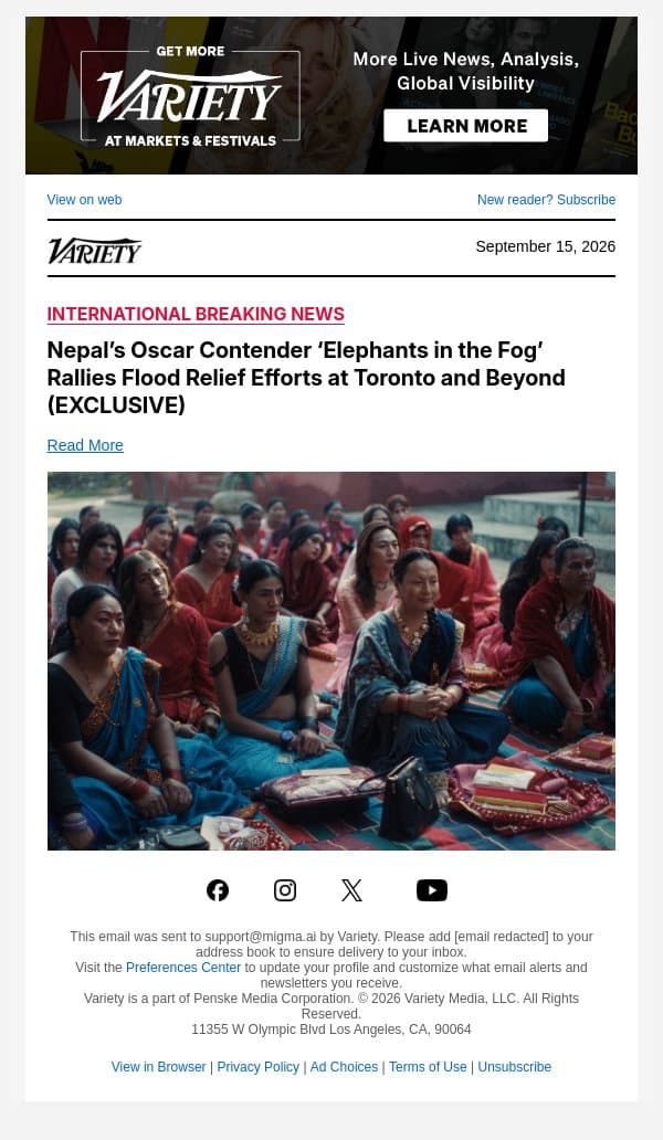 Nepal’s Oscar Contender ‘Elephants in the Fog’ Rallies Flood Relief Efforts at Toronto and Beyond (EXCLUSIVE) email from Variety screenshot