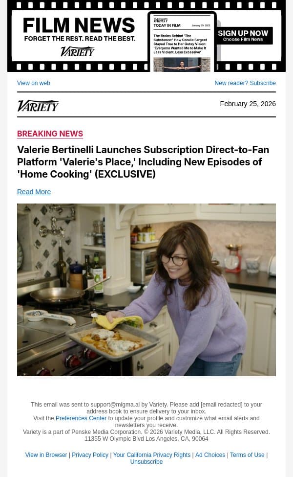 Valerie Bertinelli Launches Subscription Direct-to-Fan Platform 'Valerie's Place,' Including New Episodes of 'Home Cooking' (EXCLUSIVE) email from Variety screenshot