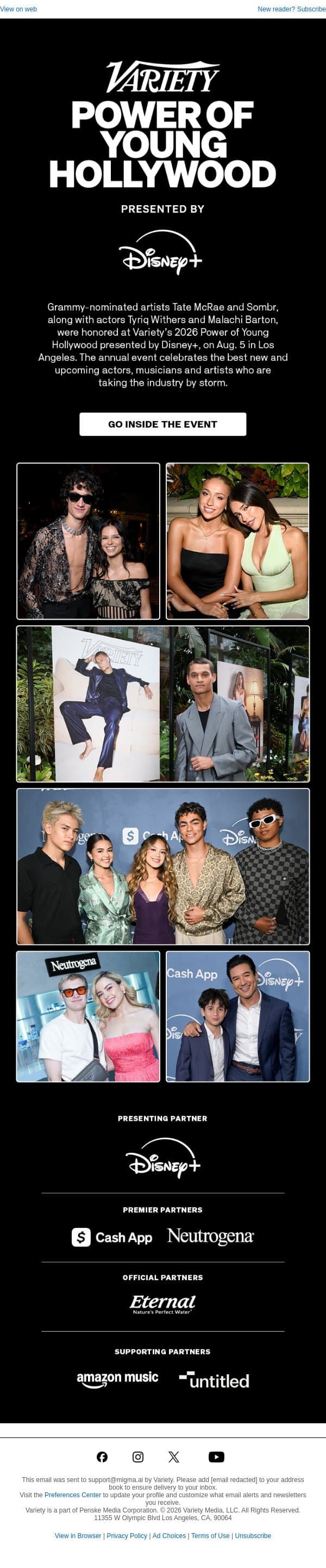 Go Inside Variety's Power of Young Hollywood Event Celebrating Tate McRae, Sombr, Tyriq Withers & Malachi Barton email from Variety screenshot