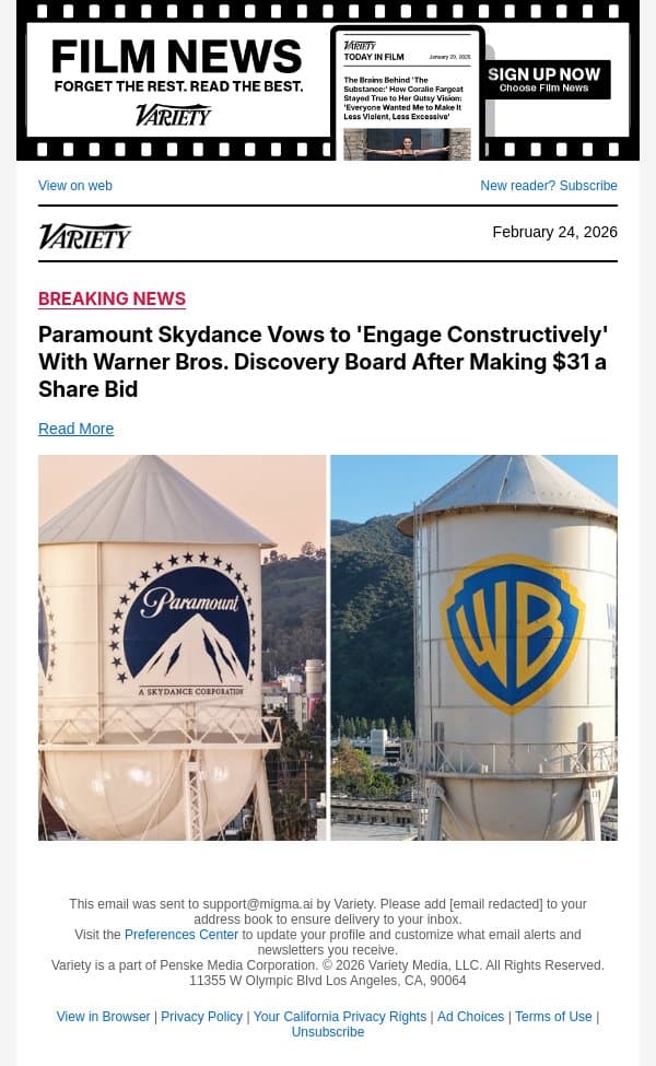Paramount Skydance Vows to 'Engage Constructively' With Warner Bros. Discovery Board After Making $31 a Share Bid email from Variety screenshot