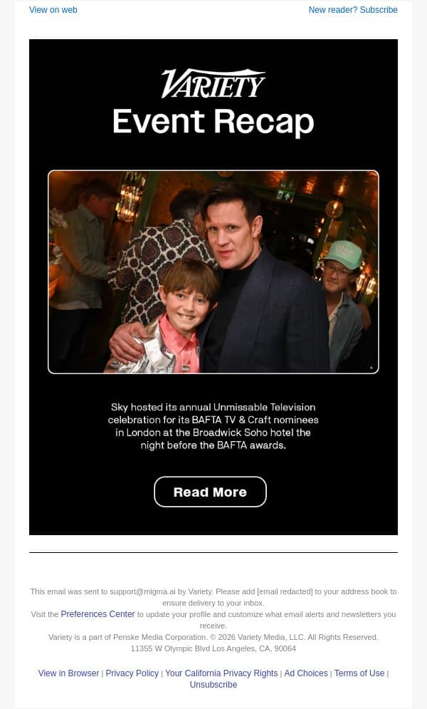 Sky's BAFTA TV & Craft Nominees Attend "Unmissable Television" Celebration email from Variety screenshot