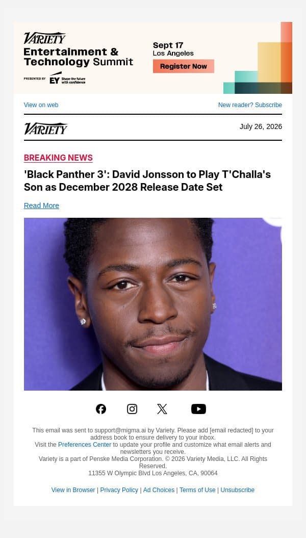 'Black Panther 3': David Jonsson to Play T'Challa's Son as December 2028 Release Date Set email from Variety screenshot
