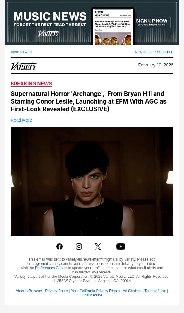Supernatural Horror 'Archangel,' From Bryan Hill and Starring Conor Leslie, Launching at EFM With AGC as First-Look Revealed (EXCLUSIVE) email from Variety screenshot