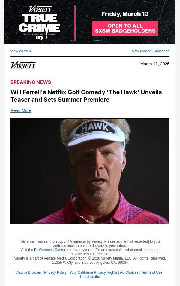 Will Ferrell's Netflix Golf Comedy 'The Hawk' Unveils Teaser and Sets Summer Premiere email from Variety screenshot