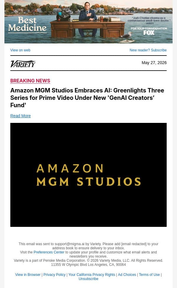 Amazon MGM Studios Embraces AI: Greenlights Three Series for Prime Video Under New 'GenAI Creators’ Fund' email from Variety screenshot