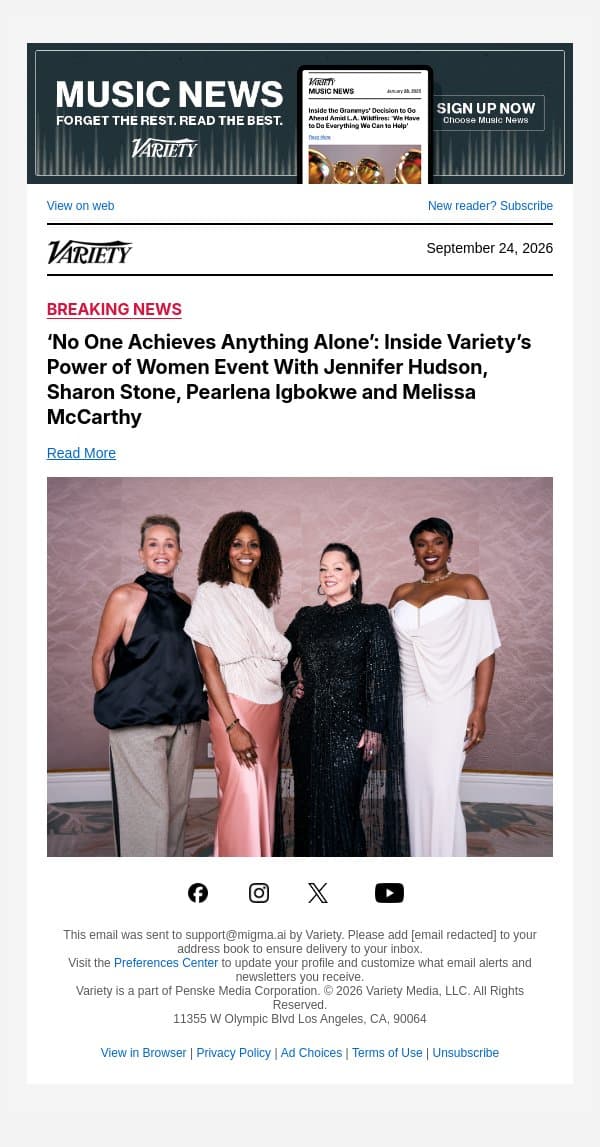 ‘No One Achieves Anything Alone’: Inside Variety’s Power of Women Event With Jennifer Hudson, Sharon Stone, Pearlena Igbokwe and Melissa McCarthy email from Variety screenshot