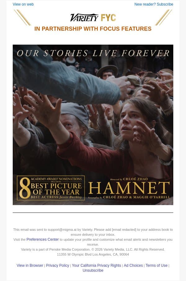 Our Stories Live Forever | HAMNET | For Your Consideration Best Picture and Best Actress for Jessie Buckley email from Variety screenshot