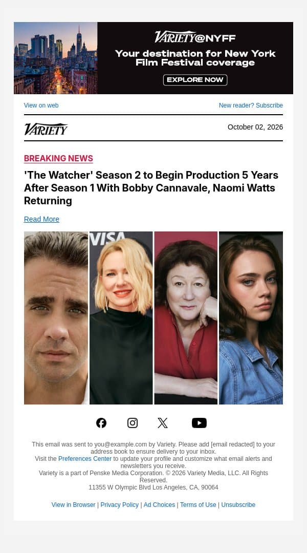'The Watcher' Season 2 to Begin Production 5 Years After Season 1 With Bobby Cannavale, Naomi Watts Returning email from Variety screenshot