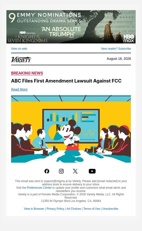 ABC Files First Amendment Lawsuit Against FCC email from Variety screenshot