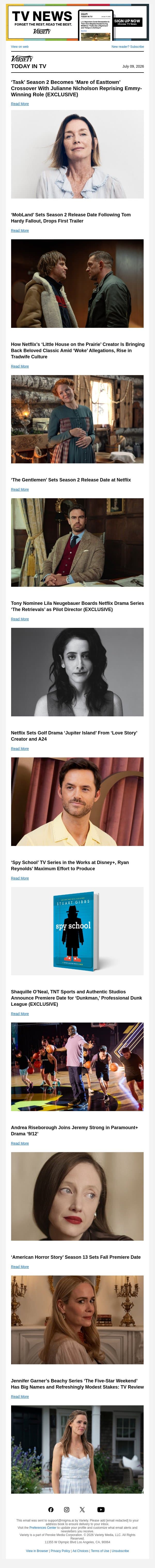 'Task' and 'Mare of Easttown' Cross Over; 'MobLand' Sets Season 2 Release; 'Little House on the Prairie' Review email from Variety screenshot